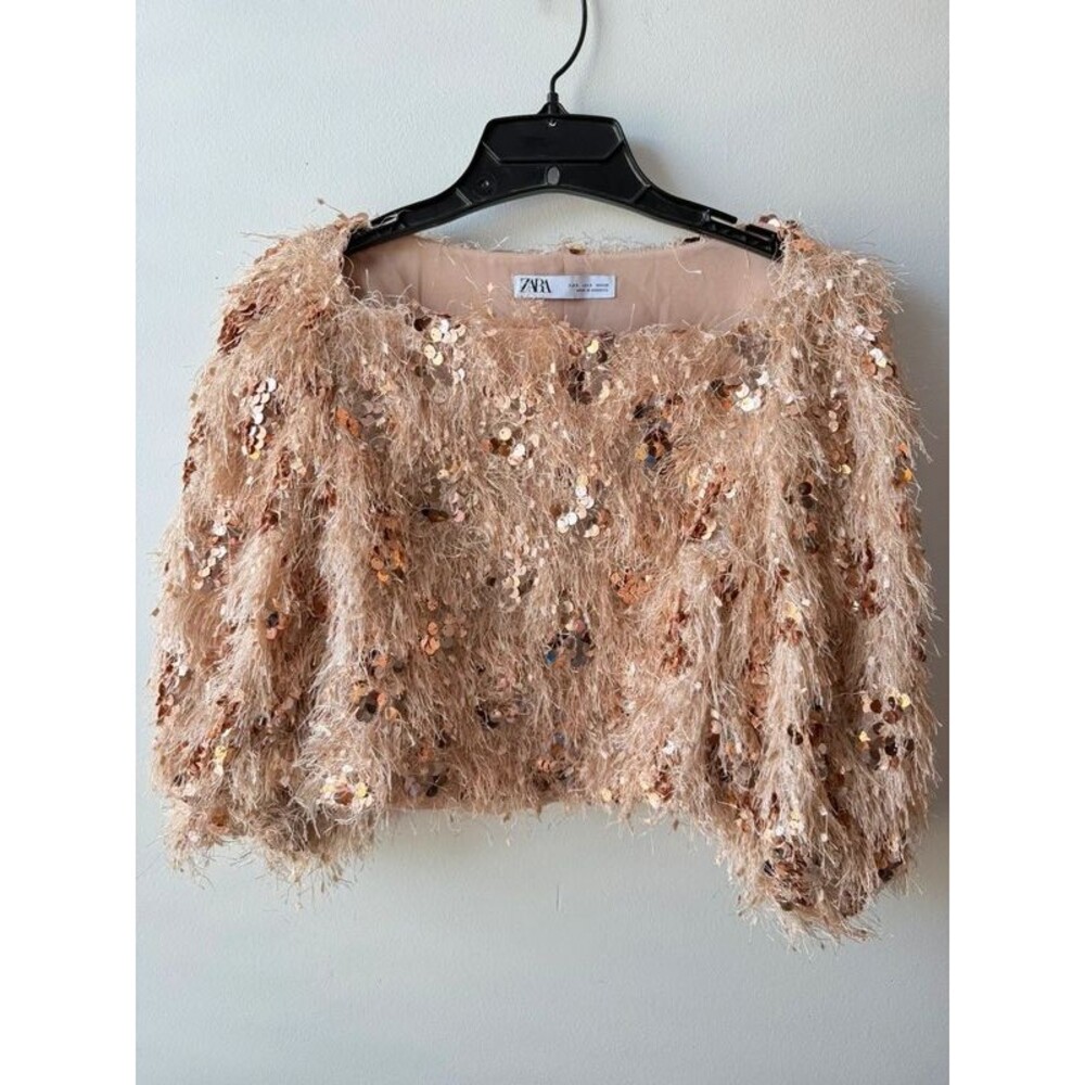 ZARA Fluffy Feather Frayed Sequin Rose Gold cropped ballon sleeve top Barbiecore